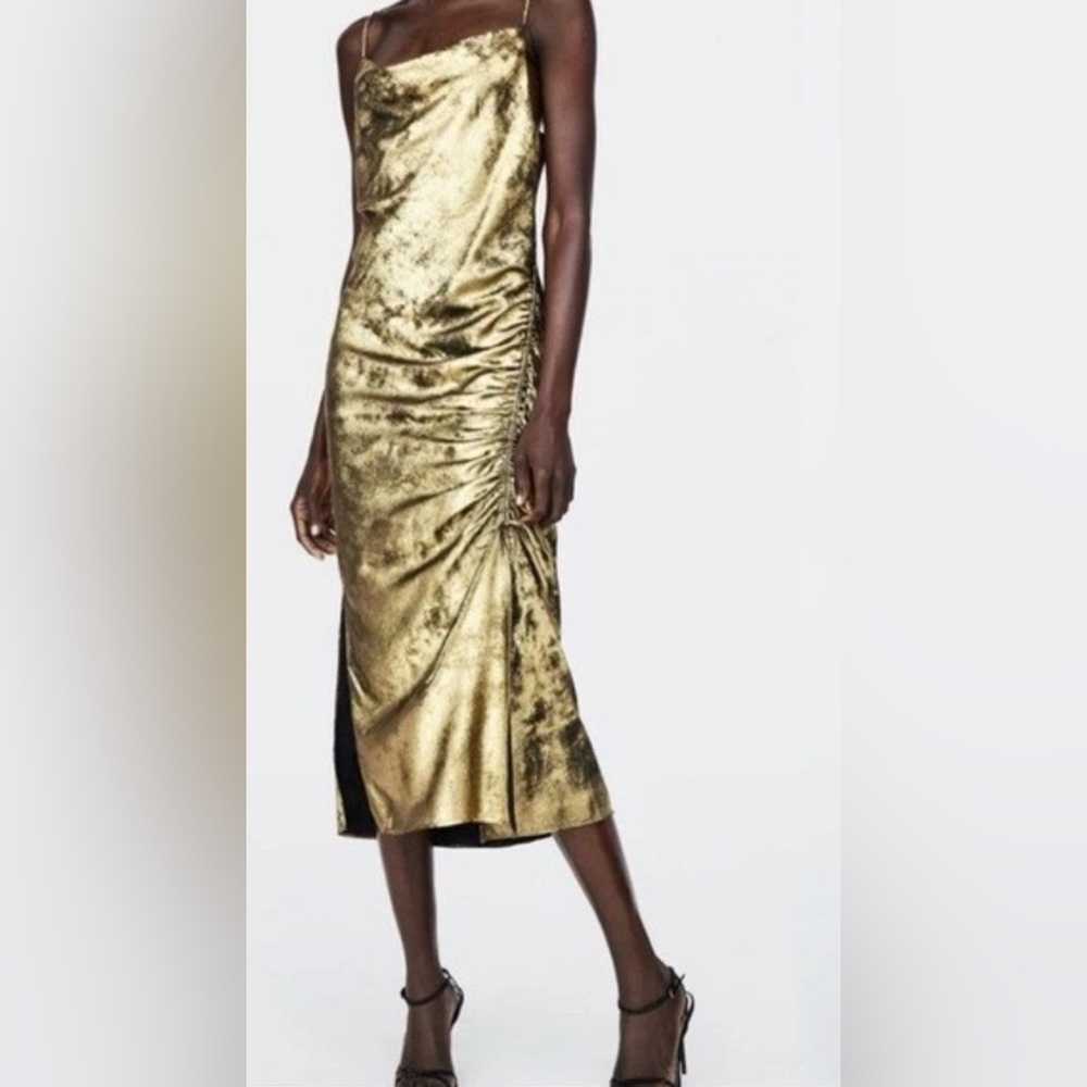 Zara Dark Metallic Gold Women's Slip Dress with Ruched Split - Size L